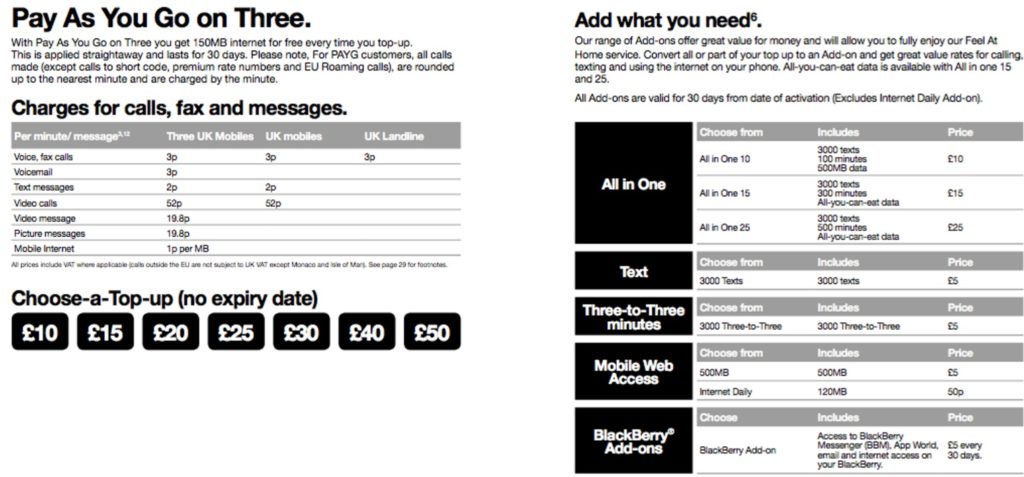Three pay as you go customer invoice