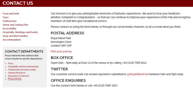 Royal Albert Hall Customer Sevice Contact Number 0207 589
