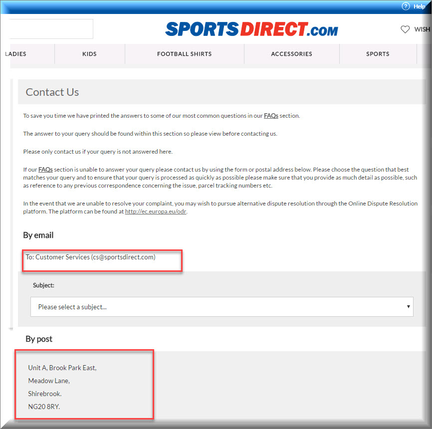 sportsdirect contact us page