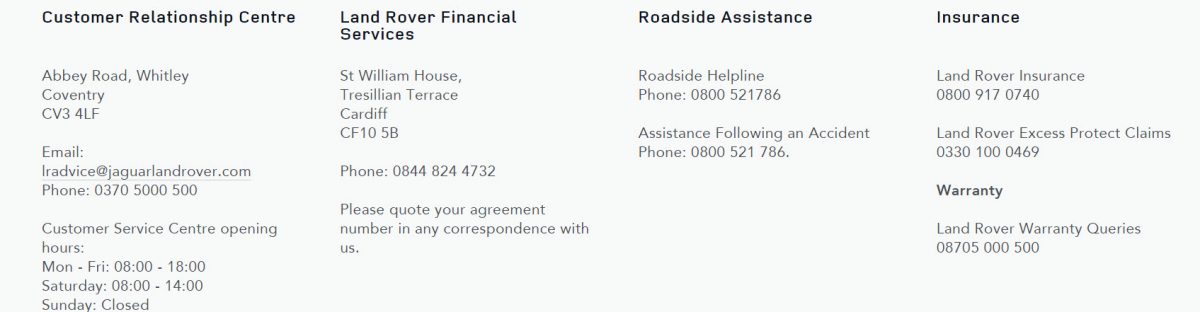 Jaguar Land Rover Customers Contact Number: 0370 500 0500