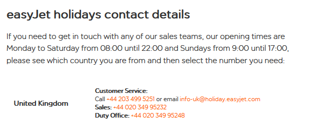 EasyJet Holidays contact information